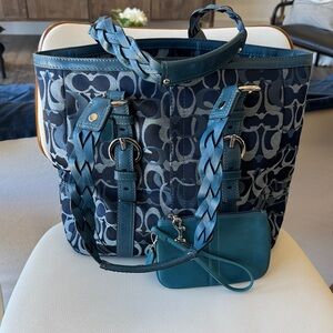 Coach Navy Signature Canvas Chelsea Tote with Teal Leather Trim and wristlet.